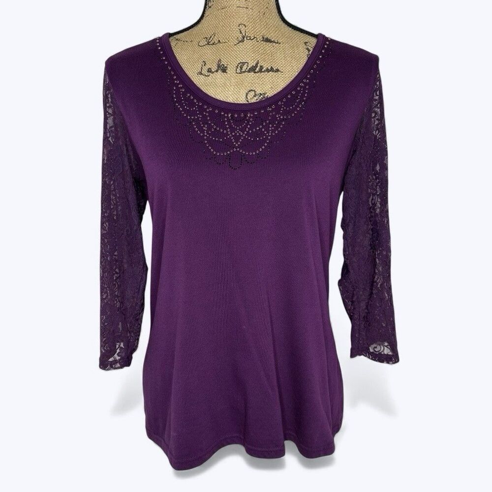Y2K Stretch Top Sz M? Purple Sheer Floral Lace Embellished Neckline Fairy‎ Boho